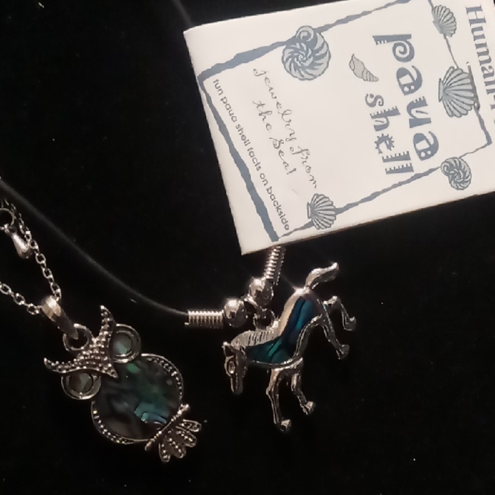 Silver Owl and Horse Pendant Necklaces designer abalone aka or paua' shell.
